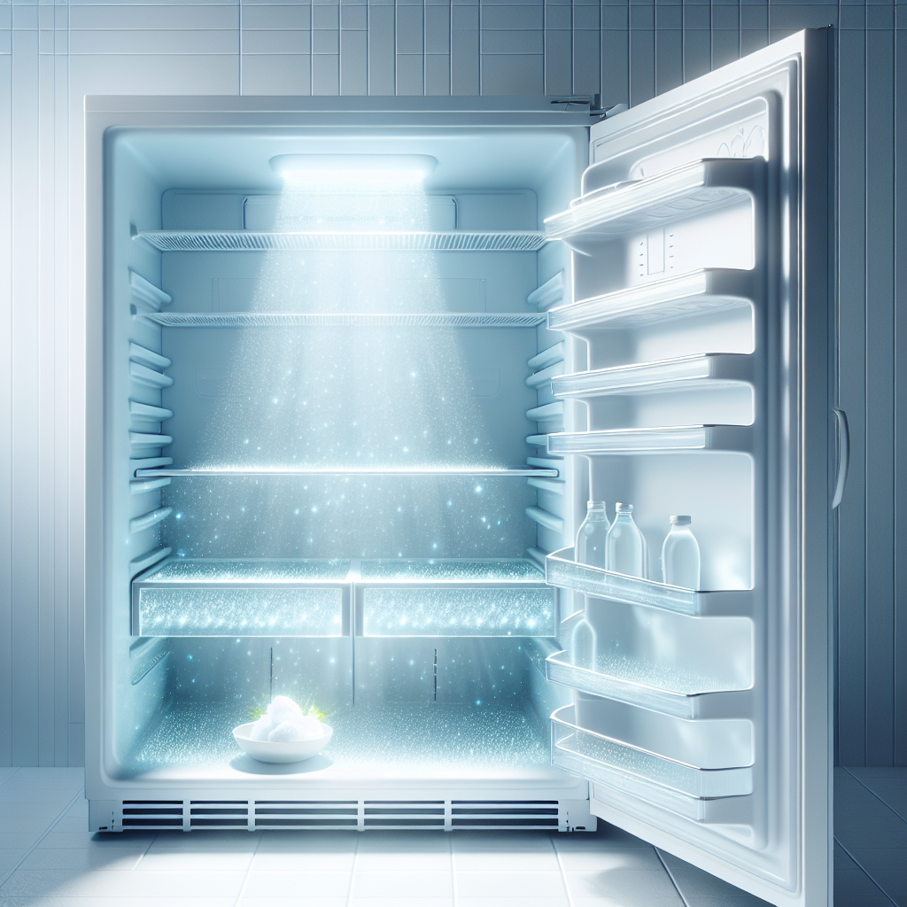 A pristine, sparkling clean, open freezer interior, completely empty. The white shelves and walls reflect bright light, and a subtle, airy, light blue glow emanates from within, symbolizing freshness and hygiene. A small, elegant bowl of baking soda or a few fresh lemon slices are subtly placed inside the freezer. Realistic photo, bright and minimalist aesthetic.