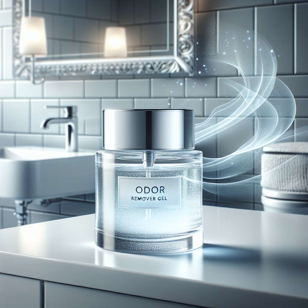 A modern, clear container of 'Geruchsentferner Gel' with a visible, translucent gel inside, sitting on a sleek bathroom counter next to a clean sink. Subtle, almost invisible waves of purified, fresh air emanate from the gel, symbolizing odor neutralization. The overall image should convey cleanliness, freshness, and a minimalist aesthetic. Bright, soft lighting, high-resolution photography.
