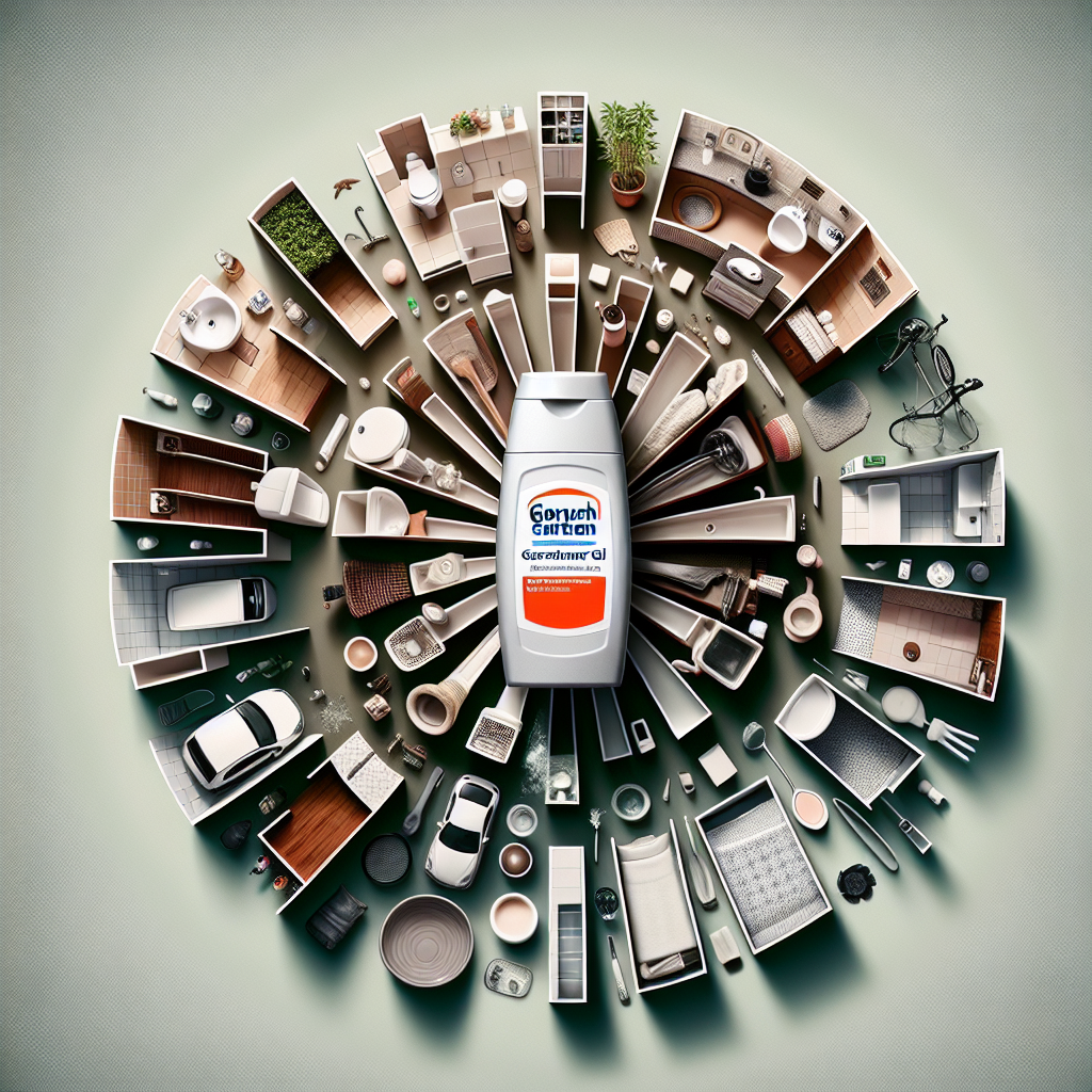 A dynamic composition showing a single container of 'Geruchsentferner Gel' centrally placed, with subtle visual cues of various odor-prone areas (like a car interior, a kitchen corner, and a small area of a closet) radiating outwards, all looking fresh and free of bad smells. The focus is on long-lasting, natural freshness without strong artificial scents. Emphasize clean lines and a sense of calm. Professional product photography style.