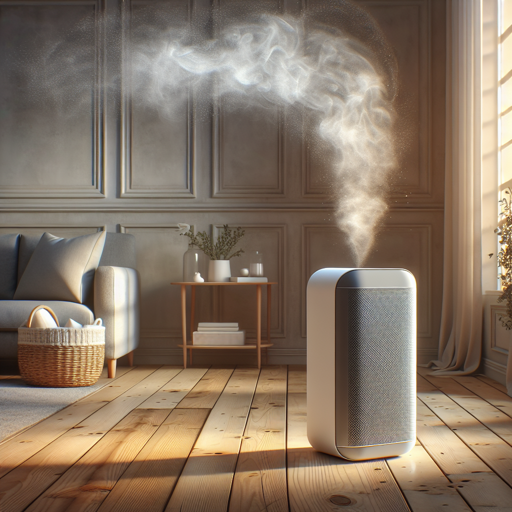 A serene, sunlit living room. In the foreground, a modern, minimalist odor remover device quietly purifies the air. Subtle, almost transparent wisps of greyish air (representing bad odors) are dissipating from one corner of the room (e.g., near a pet's basket or a hidden ashtray), clearly moving towards the device and being replaced by crisp, clean, vibrant air indicated by soft glows or sparkling effects. The overall atmosphere is fresh, clean, and inviting. High detail, photorealistic.