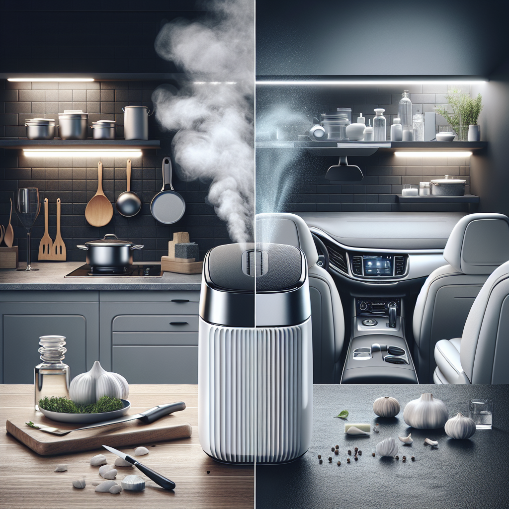 A dynamic split image showing an elegant odor remover device in two distinct scenarios: on one side, it's placed on a sleek kitchen counter, effectively neutralizing cooking odors with subtle visual cues of clean air circulating. On the other side, the same or similar compact device is operating inside a clean car interior, eliminating stale smells. Emphasize the device's modern design and the immediate feeling of freshness in both environments. Focus on a contemporary, clean aesthetic.