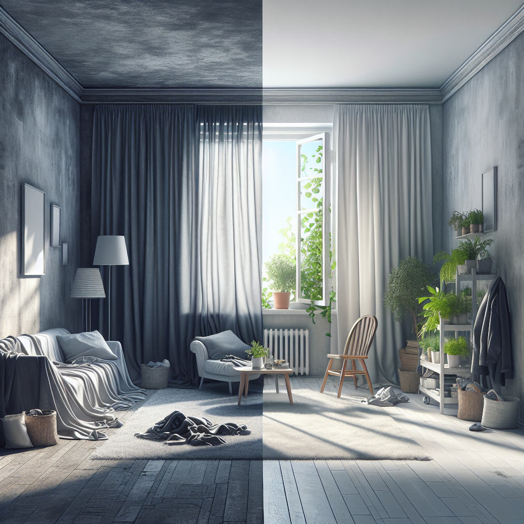 A visually striking split image. On the left side, a cozy but slightly stuffy living room with a subtle, almost imperceptible greyish haze, a crumpled, used garment on a chair, and a general feeling of stale air. On the right side, the exact same living room transformed: bright and airy, sunlight streaming through an open window, fresh green plants, a clean, inviting atmosphere, and crisp, clear air. Emphasize the stark contrast between stale and fresh. Realistic photo.