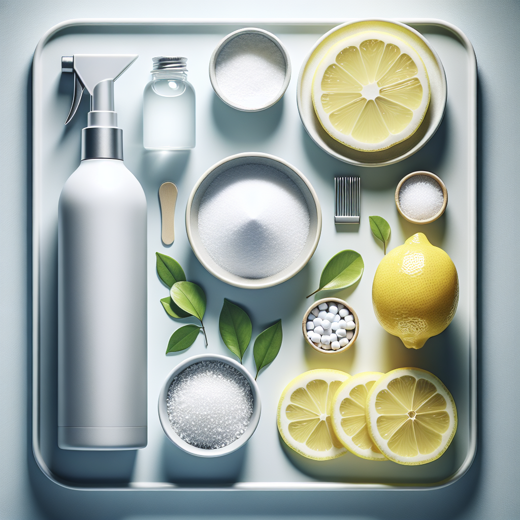 A flat lay or top-down shot showcasing various odor removal methods. A modern air freshener spray bottle, a small bowl filled with baking soda, fresh lemon slices, and a small, stylish container of odor-absorbing gel or beads. These items are artfully arranged on a clean, light surface, suggesting effectiveness and freshness. Focus on clean lines and natural light. High-angle, clean product photography style.
