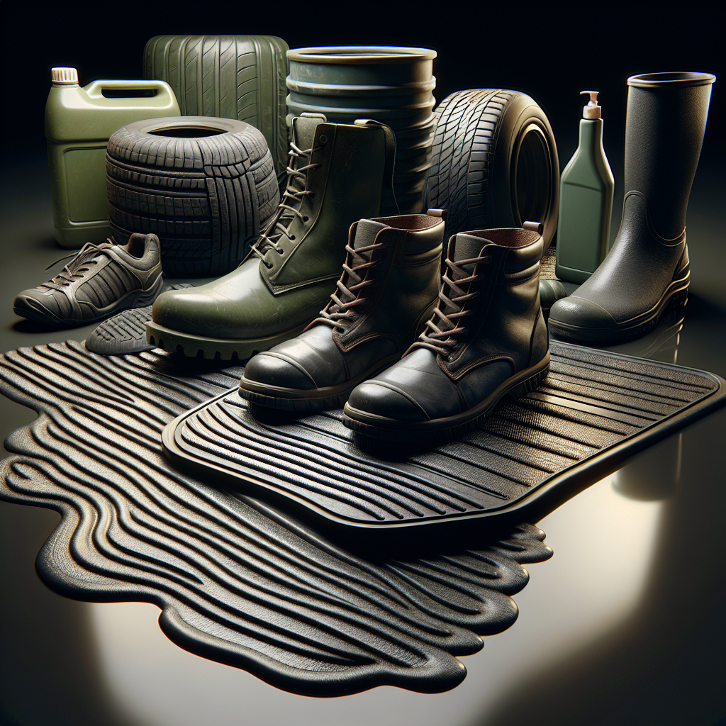 A collection of various rubber items, like a pair of well-worn rubber boots, a section of a car's rubber floor mat, and a used rubber sports shoe, arranged on a clean surface. Subtle, slightly greenish-brown wavy lines emanate from the items, visually representing a strong, unpleasant odor. The lighting is muted, emphasizing the problem of persistent smell. Realistic photography style.