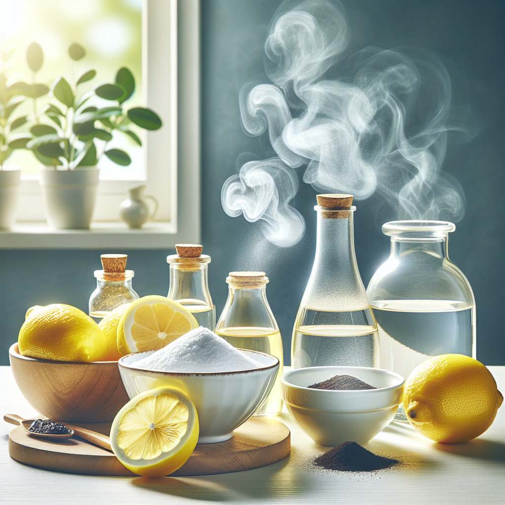A vibrant still life of essential natural odor removers: a glass bowl filled with white baking soda, several bright yellow lemon halves, a small glass bottle of clear vinegar, and a ceramic cup with dark coffee grounds. These items are neatly arranged on a clean, light wooden surface in a bright, airy kitchen. Subtle, ethereal wisps of fresh air or clean steam rise gently from the items, symbolizing purification and cleanliness. Bright, natural lighting, high detail, realistic photo, modern minimalist aesthetic.