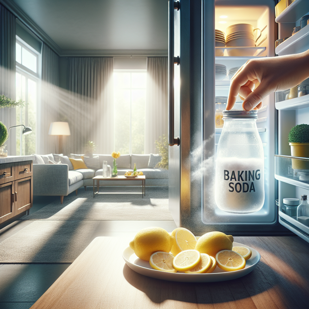 A serene, brightly lit home interior scene showcasing different household areas being refreshed. In the foreground, a hand places a small open container of baking soda inside a clean, modern refrigerator. In the midground, a bowl of sliced lemons sits on a kitchen counter, exuding a fresh aroma. In the background, diffused sunlight streams into a living room with a clean carpet, implying an overall refreshed and pleasant atmosphere. Focus on hands and the environment, no specific people's faces. Clean, natural, domestic atmosphere, realistic photography.