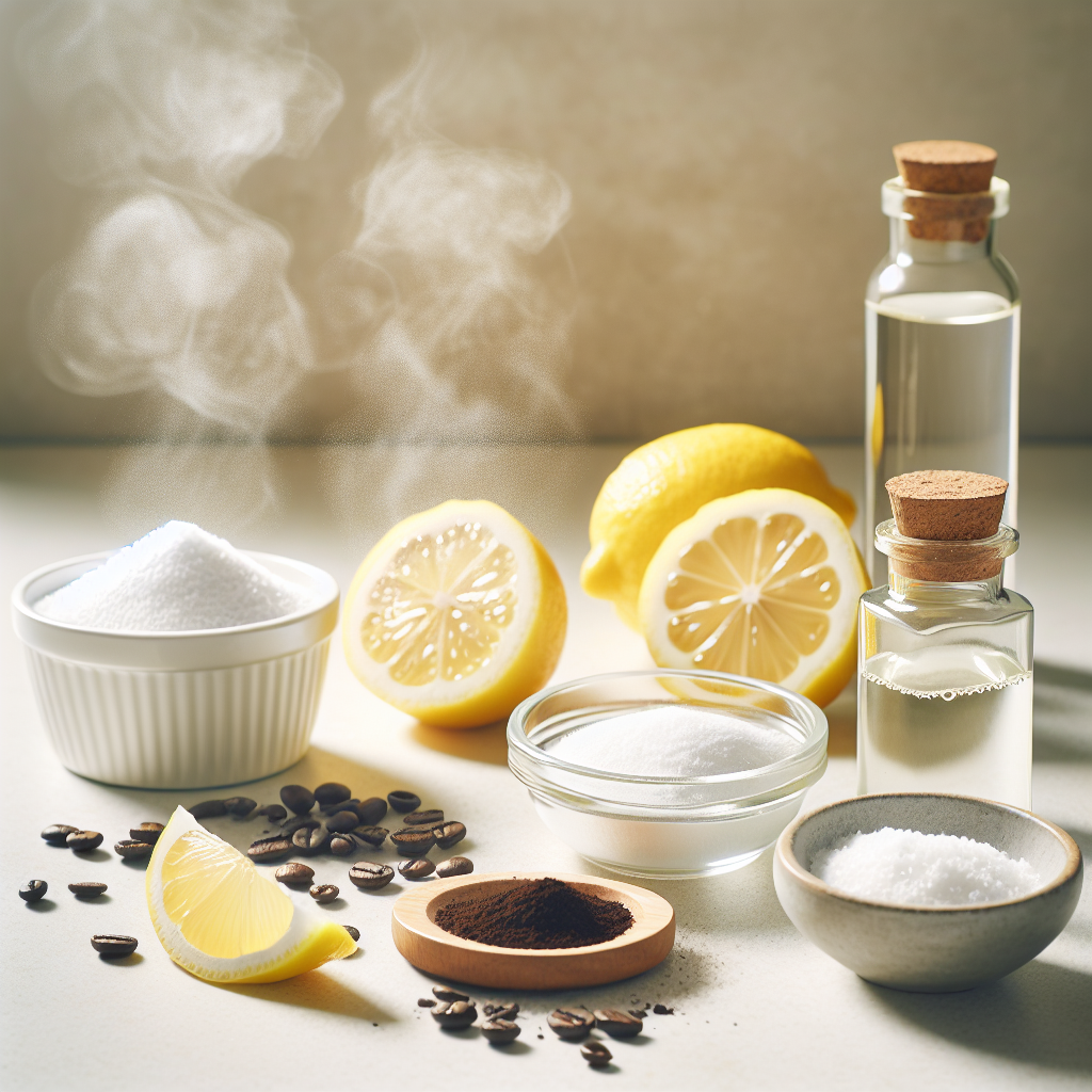 A vibrant flat lay of natural odor removers: a small bowl of baking soda, a clear bottle of white vinegar, fresh lemon slices, and coffee grounds, artfully arranged on a clean, light kitchen counter. Subtle, transparent wisps of fresh, clean air are symbolically rising from the ingredients, conveying a sense of natural purification and freshness. Bright, soft lighting, clean aesthetic.