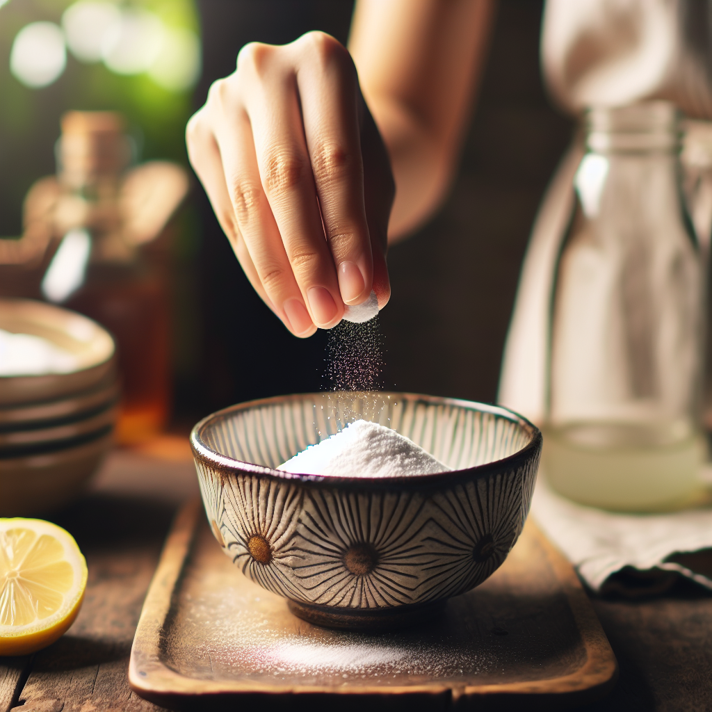 A close-up shot of a hand gently sprinkling white baking soda into a small, elegant ceramic bowl, positioned on a rustic wooden table. In the soft-focus background, a bottle of vinegar and fresh lemon wedges are visible, suggesting natural remedies for a clean home. The lighting is warm and inviting, emphasizing the natural and homemade aspect of odor removal.