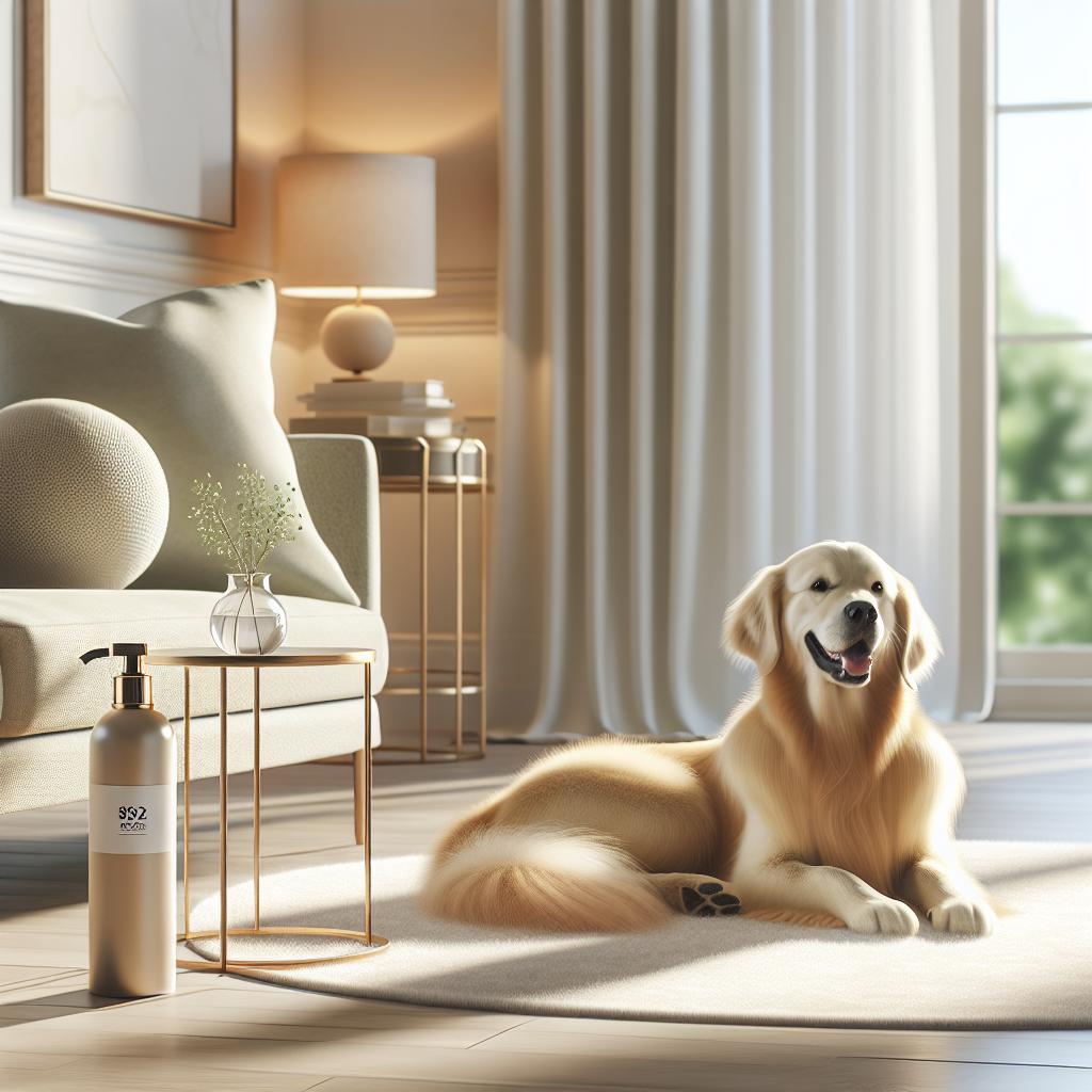A cozy, modern living room bathed in warm, soft light, where a well-groomed, happy dog (e.g., a Golden Retriever) is peacefully curled up on a clean, light-colored rug. The room has a fresh, airy atmosphere, with a subtle, elegant spray bottle labeled 'Pet Odor Remover' on a nearby side table. High detail, photorealistic, inviting and clean aesthetic.