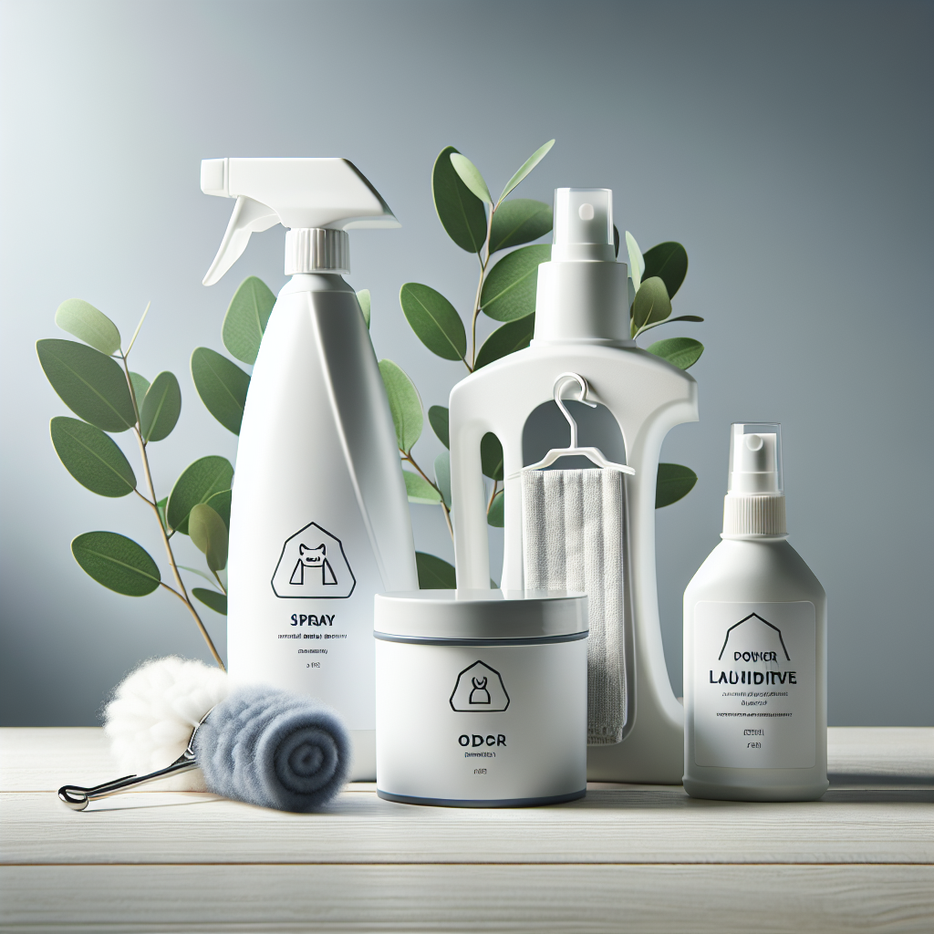 A flat lay composition showcasing various pet odor removal products: a sleek spray bottle for furniture, a small container of odor-absorbing powder for carpets, and a bottle of laundry additive. The products are neatly arranged on a clean, light wooden surface, with a hint of green leaves or fresh flowers in the background to symbolize freshness. Bright, clean studio lighting, photorealistic.