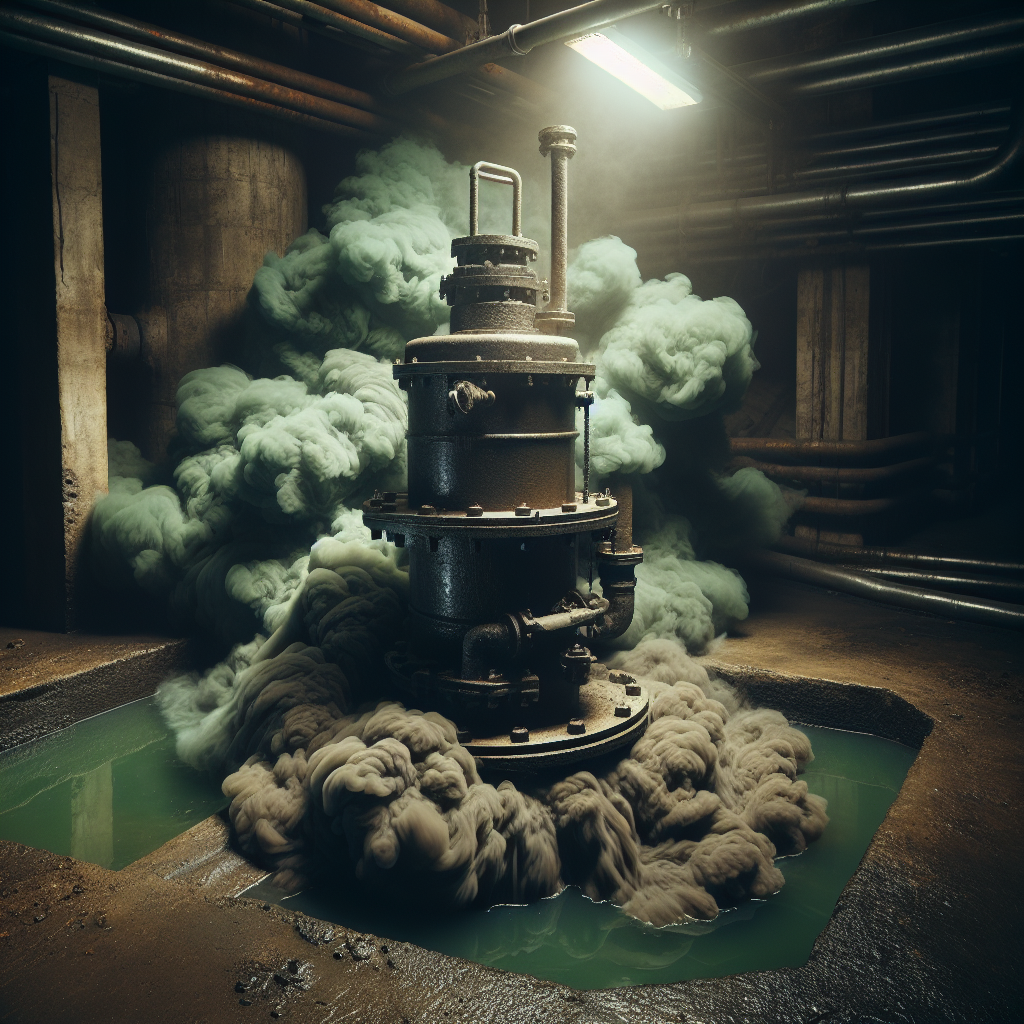 A close-up of a neglected, industrial sewage lifting station (Hebeanlage) in a dark, grimy basement corner. Thick, putrid green and brown gas clouds are visibly rising from its pipes and casing, visually representing a strong, unpleasant odor. The background is blurred, showing concrete walls and pipes. Cinematic, dramatic lighting, conveying a sense of discomfort.