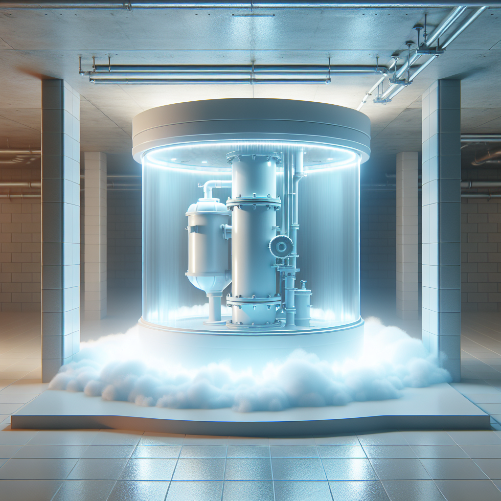 A modern, clean sewage lifting station (Hebeanlage) in a well-lit, tidy basement. From its casing, subtle, swirling white and light blue misty air emanates, symbolizing effective odor removal and fresh air. A feeling of cleanliness and hygiene, perhaps with a subtle glow around the station. Bright, clean aesthetic, focus on freshness.