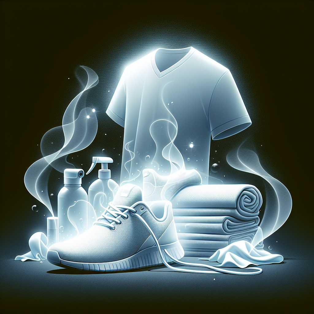 A bright, minimalist image of pristine white running shoes and fresh sports apparel, radiating a feeling of neutral freshness and cleanliness. A subtle, transparent mist gently dissipates, symbolizing effective odor neutralization. Soft, natural light illuminates the scene, emphasizing purity and an absence of smell.