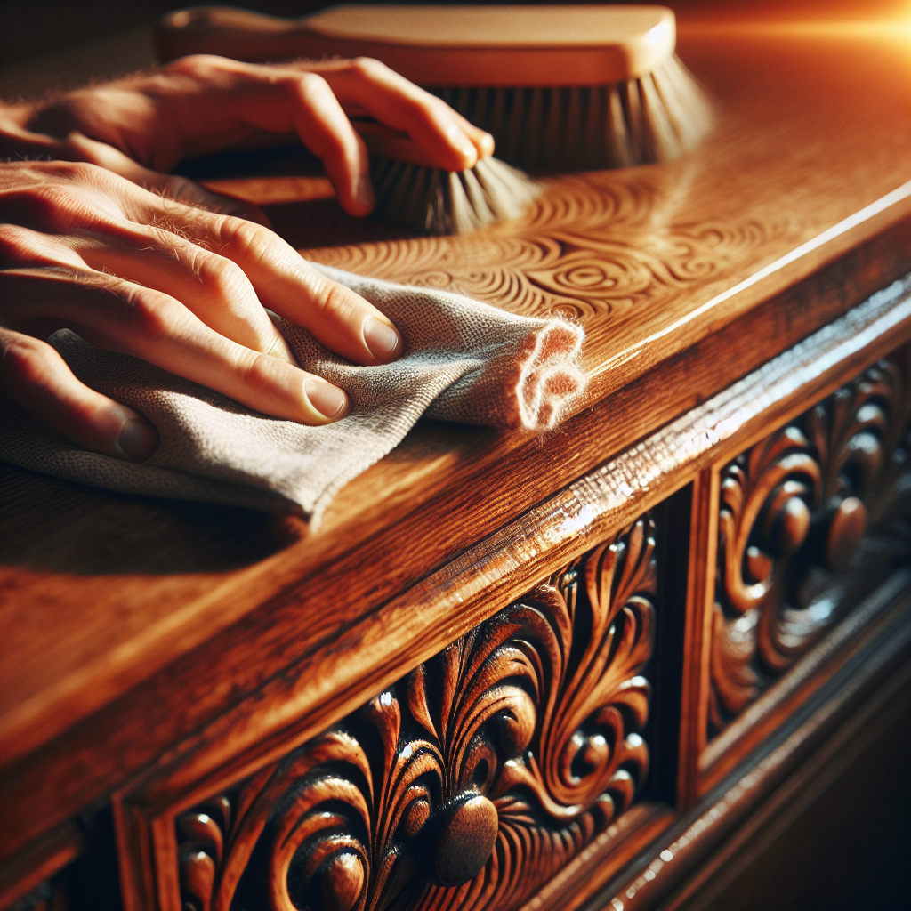 A hand gently wiping down a beautiful, slightly aged wooden chest of drawers with a damp cloth in a well-lit, cozy room. The focus is on the intricate wood grain and the cleaning motion, suggesting care and the process of revitalization. Soft, natural lighting.