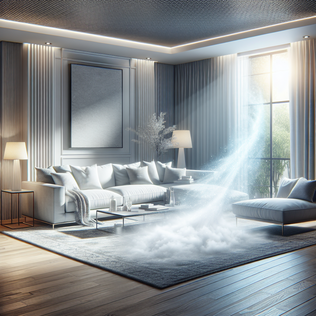 A modern, clean living room bathed in bright, fresh light. A subtle, transparent 'before' cloud of unpleasant odor (e.g., stale air, pet smell) is visibly dissipating and fading away, replaced by an invigorating, invisible wave of fresh, clean air that fills the space. The overall atmosphere is one of renewed freshness and comfort. Hyperrealistic, soft focus.