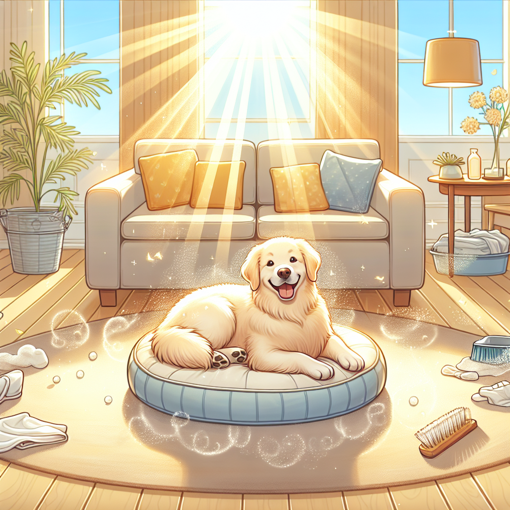 A fluffy, happy dog (e.g., Golden Retriever or Labrador) is comfortably curled up on a pristine, freshly cleaned dog bed in a bright, sunlit living room. The room looks exceptionally clean and smells fresh, with a subtle visual cue of clean air, like gentle light particles or a serene atmosphere. The scene evokes freshness, cleanliness, and the joy of a home free from unpleasant odors.