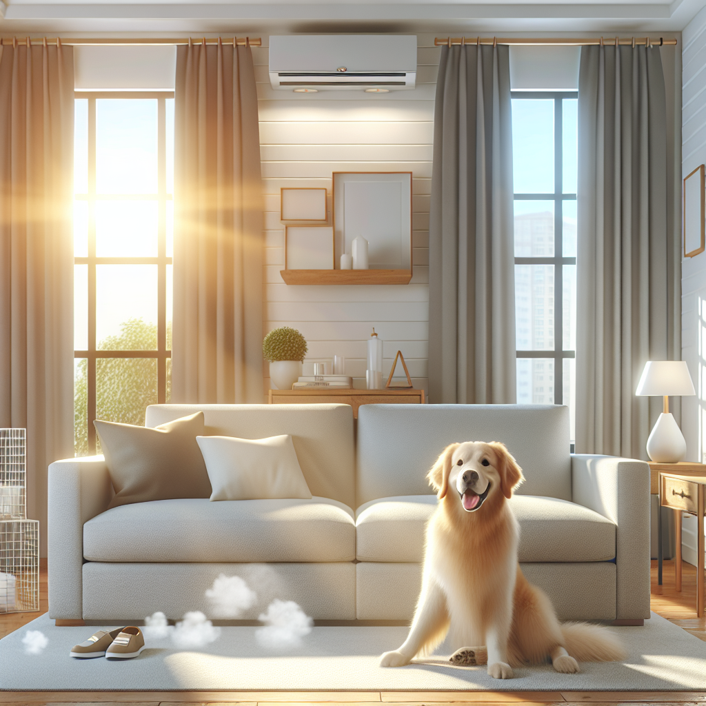 A bright, modern living room with a happy golden retriever relaxing on a plush sofa. Sunlight streams in through a large window, creating a warm and fresh atmosphere. The room appears immaculately clean and smells wonderfully fresh, emphasizing an odor-free home despite having a dog. Focus on cleanliness and freshness.