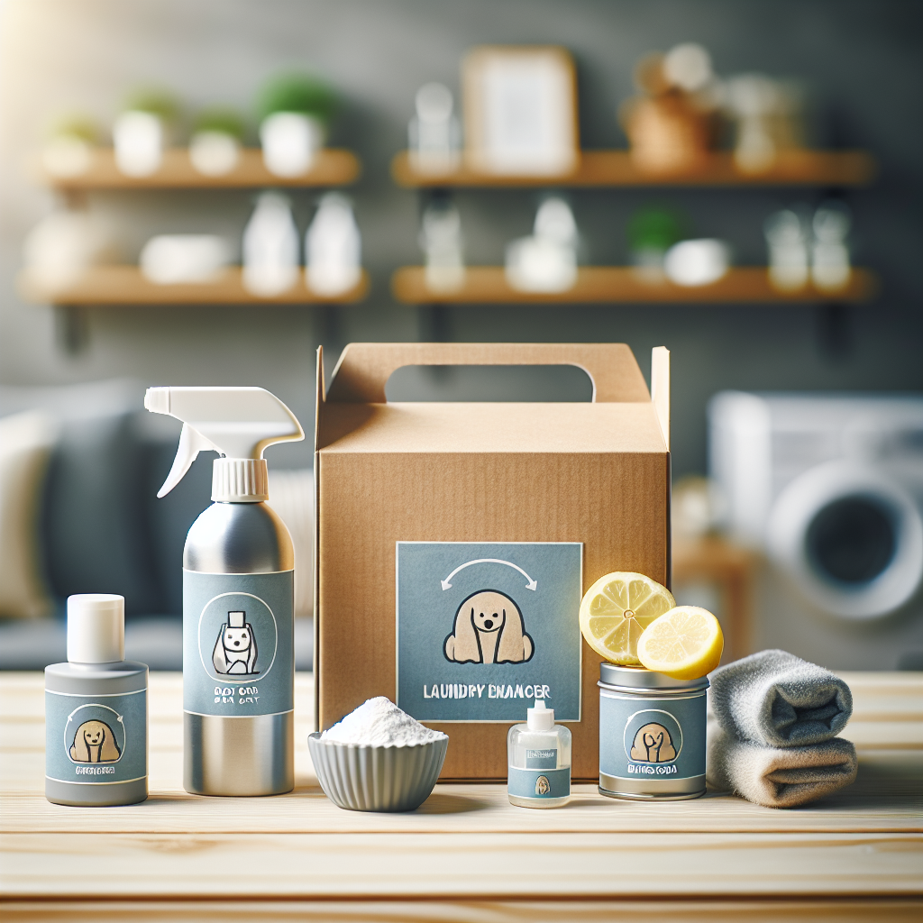 An aesthetic flat lay of various dog odor removal products: a sleek spray bottle, a box of laundry additive, a jar of cleaning powder, and a small dish with baking soda and fresh lemon slices. They are arranged neatly on a clean, light-colored wooden surface, with a blurred background suggesting a tidy home. Clean and bright product photography style.