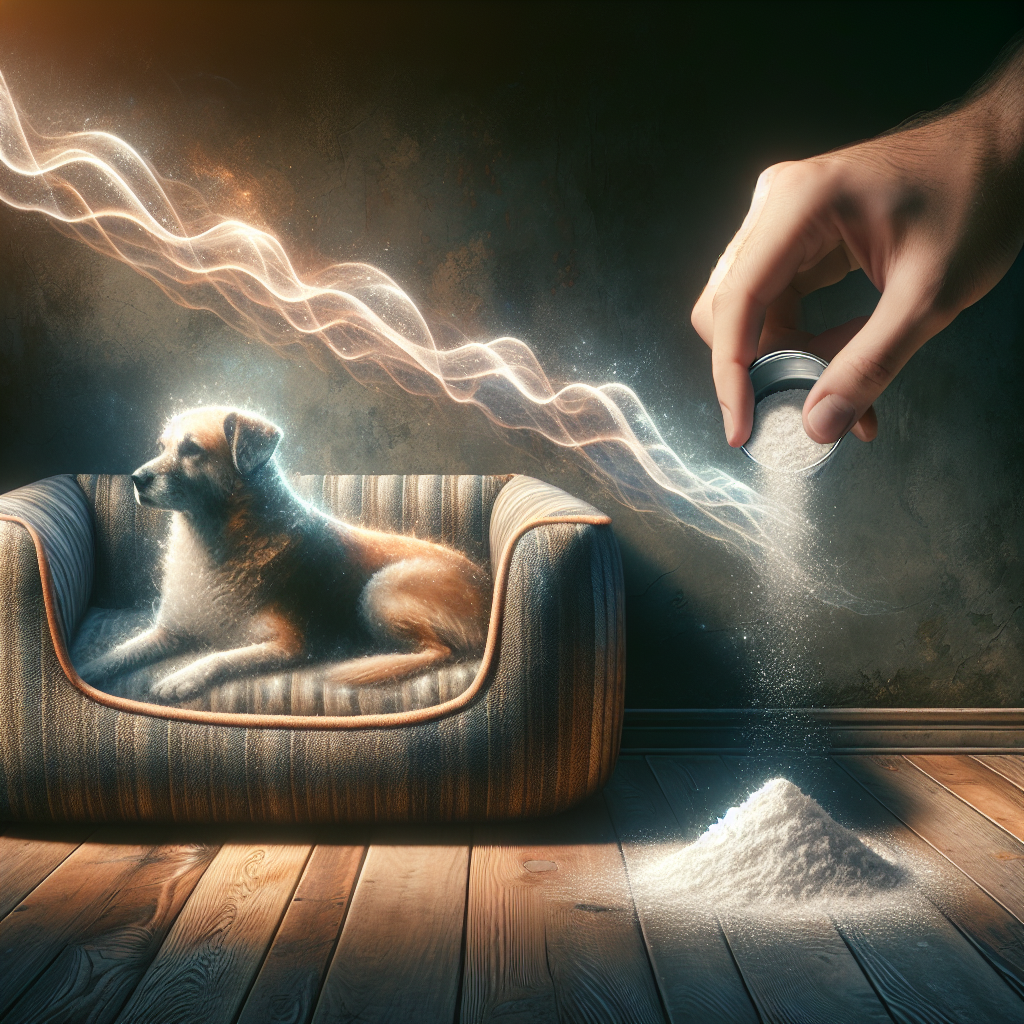 A worn but cozy dog bed in a slightly dim corner of a living room, with subtle visual cues of an unpleasant odor (e.g., faint, almost translucent wavy lines above it). Next to the bed, a hand sprinkles white powder (baking soda) onto it, with a bright, clean light illuminating the action. The overall atmosphere suggests a transition from stale to fresh, soft lighting.
