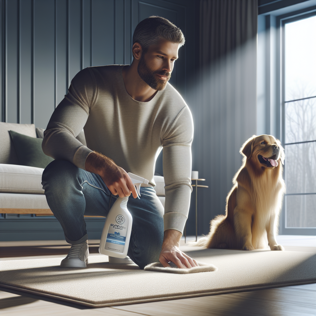 A bright, modern living room scene. A friendly-looking person in their 30s is kneeling on a light-colored rug, holding a generic spray bottle labeled 'Odor Eliminator'. They look confidently at a freshly cleaned spot on the rug, which appears pristine. A well-behaved, happy dog (e.g., a Golden Retriever) sits calmly beside them, looking content. The atmosphere is fresh and clean, with soft natural light coming through a window. Realistic photo style.