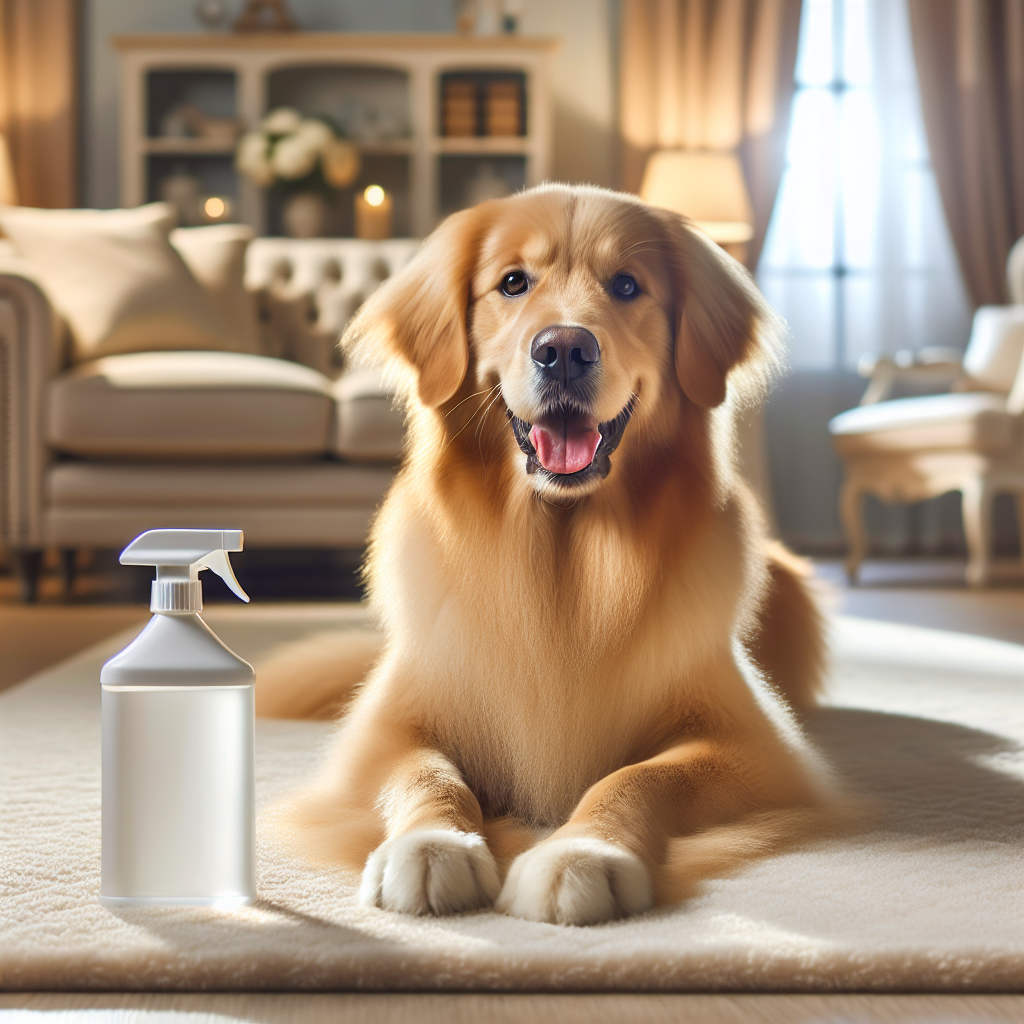 A cozy, sunlit living room with a happy, clean dog (e.g., a Golden Retriever) resting peacefully on a spotless, light-colored carpet. The atmosphere is visibly fresh and clean, suggesting successful odor removal from pet urine. A subtle, stylish bottle of pet odor remover is in the soft-focus background.