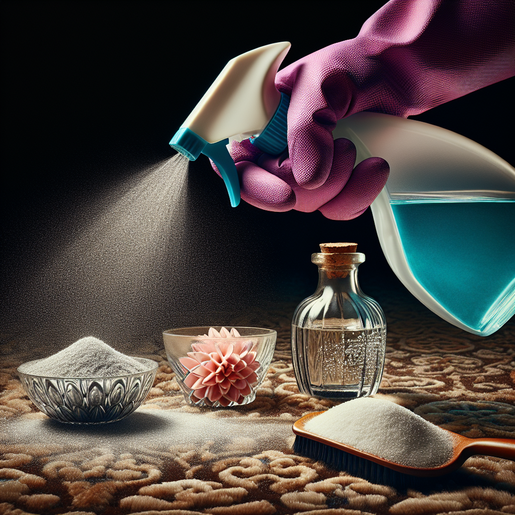 A close-up shot of a hand wearing a cleaning glove, actively spraying an enzymatic pet odor remover onto a carpet. Nearby, a small bowl of baking soda and a bottle of vinegar are visible, representing different cleaning methods. The focus is on the action of removing stubborn pet urine odors effectively.