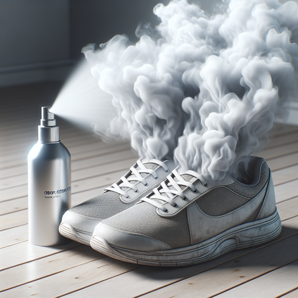 A pair of slightly worn, realistic sports shoes on a light wooden floor, with a subtle, wispy grey cloud indicating a lingering bad odor emanating from them. Next to the shoes is a modern, sleek spray bottle labeled 'Impresan Geruchsentferner'. A clean, fresh white mist is visibly spreading from the nozzle of the bottle, engulfing and dissipating the grey odor cloud, leaving behind a light, fresh shimmer. Soft, natural lighting from a window. Photorealistic style.