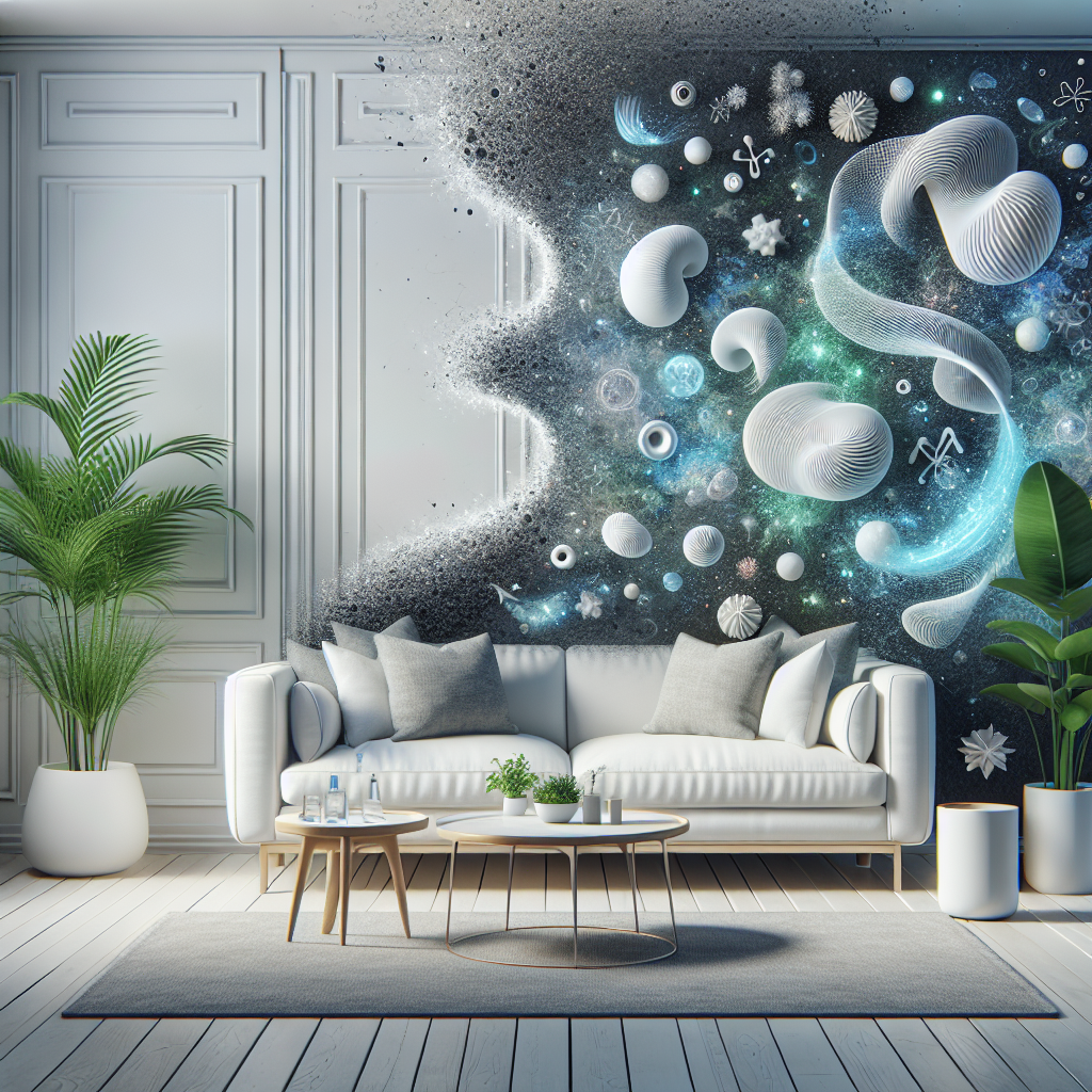 An abstract yet realistic representation of air purification. In a brightly lit, modern home interior (e.g., a corner of a living room with a plant and a clean sofa), subtle dark, swirling visual elements representing unpleasant odor molecules are actively being broken down and replaced by vibrant, sparkling, light blue and white particles symbolizing freshness and cleanliness. A clear, invisible force is at play, making the air appear crisp and pure. High-resolution, airy, soft focus, conveying a sense of renewed freshness without explicitly showing the product.