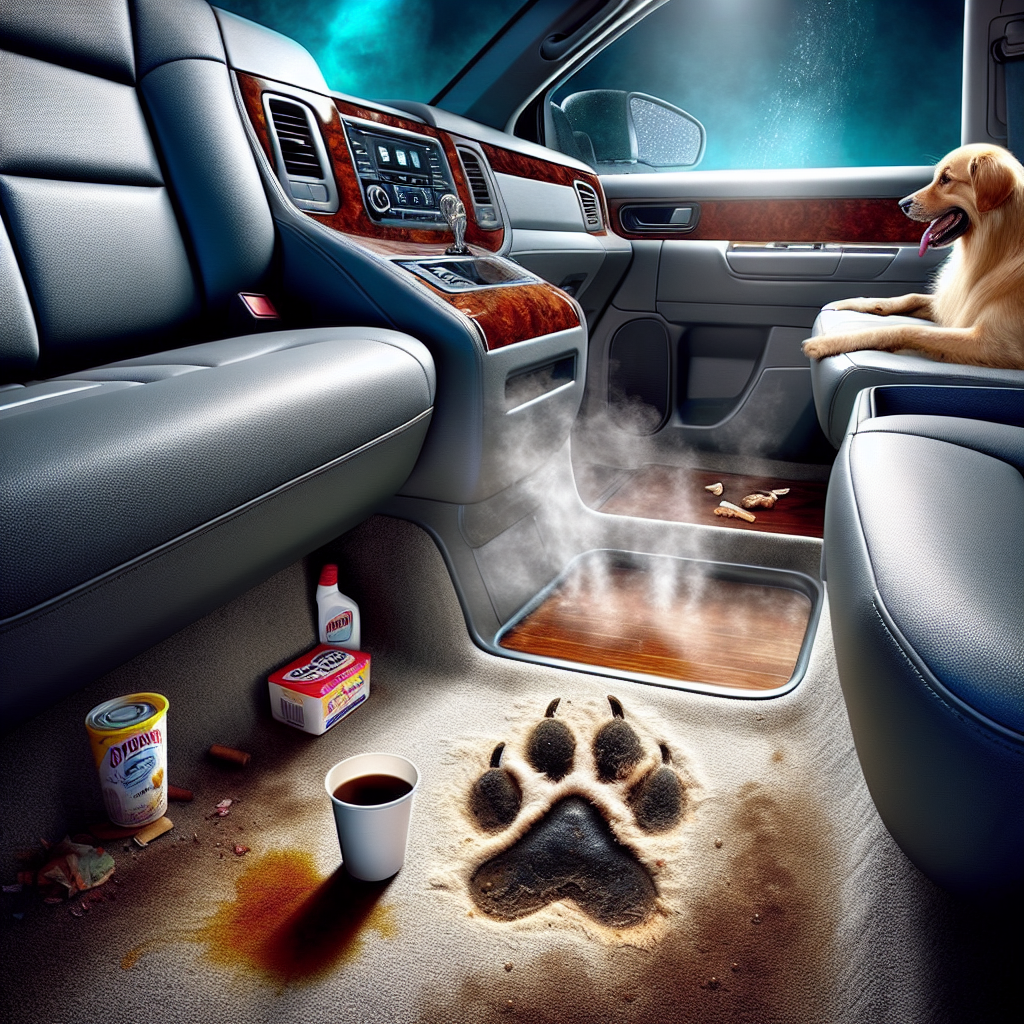 Realistic photo of a car interior with visible signs of unpleasant odors. A wet dog's paw print is on a seat, a small coffee spill stains the floor mat, and a faint wisp of cigarette smoke lingers near the rearview mirror. The overall atmosphere is slightly dim and uninviting, conveying staleness and grunginess.