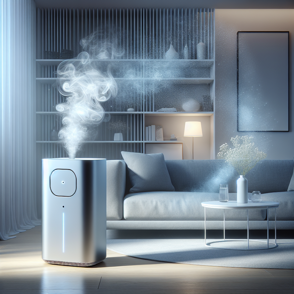A sleek, modern air ionizer device emitting a soft, clean aura in a stylish living room. On one side of the device, subtle, swirling grey smoke and dust particles are visibly drawn towards it, while on the other side, pristine, clear air with a delicate blue tint gently emanates. The overall atmosphere is fresh, minimalist, and serene. High-quality render, soft natural light, conceptual.