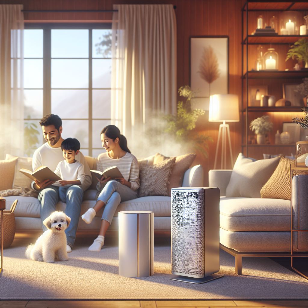 A cozy and inviting living room filled with abundant natural light, suggesting a healthy atmosphere. A stylish, compact air ionizer is subtly placed on a modern side table. A family with a small, happy dog is comfortably relaxing on a sofa, reading and enjoying the noticeably fresh air. The room feels peaceful, clean, and full of well-being. Realistic, warm tones, high-resolution photography.