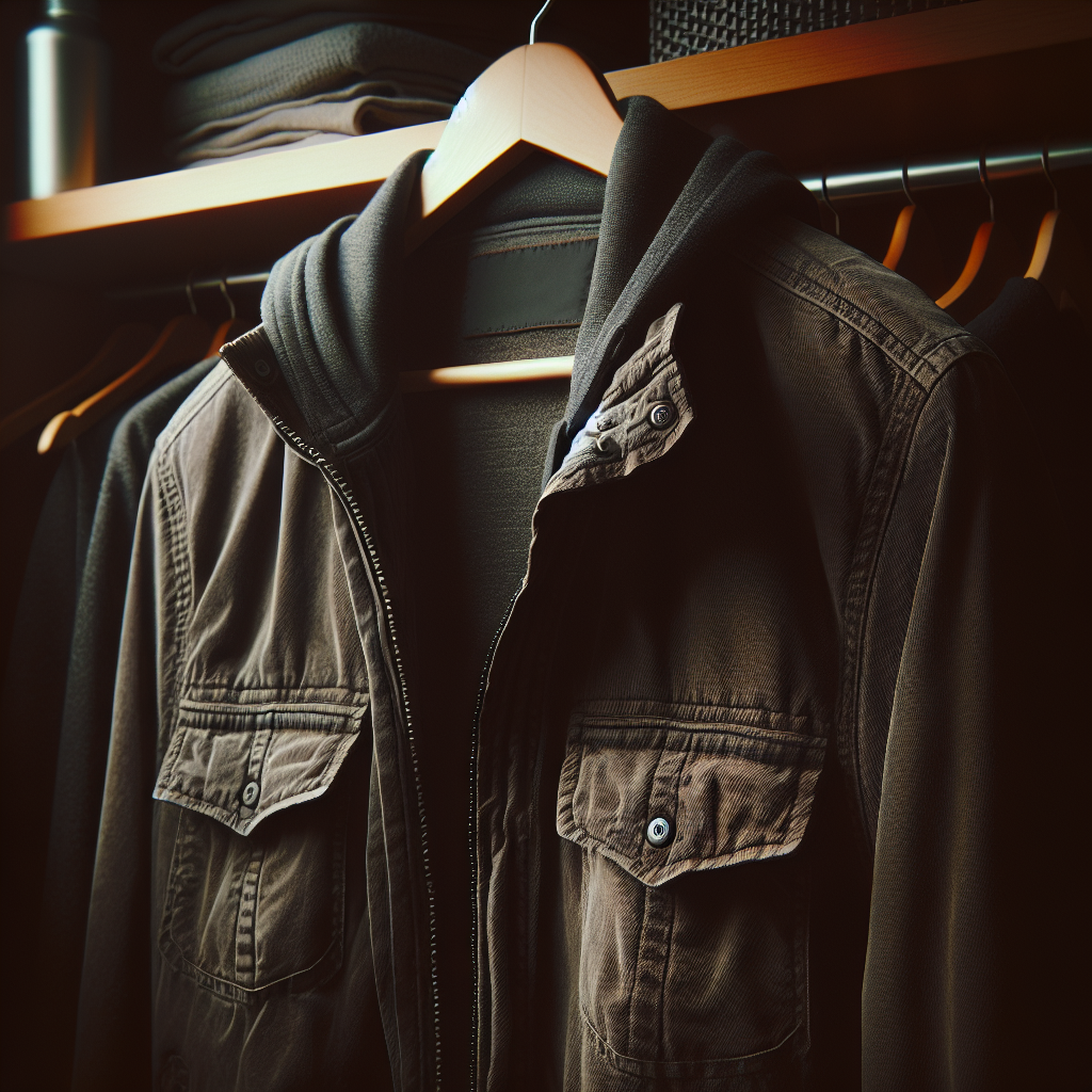 A close-up shot of a dark, slightly wrinkled jacket, perhaps a sports jacket or a casual coat, hanging in a dimly lit closet. The jacket looks a bit dull and heavy, conveying a sense of absorbed, lingering odors without explicit smell lines. Realistic photo, blog article style.