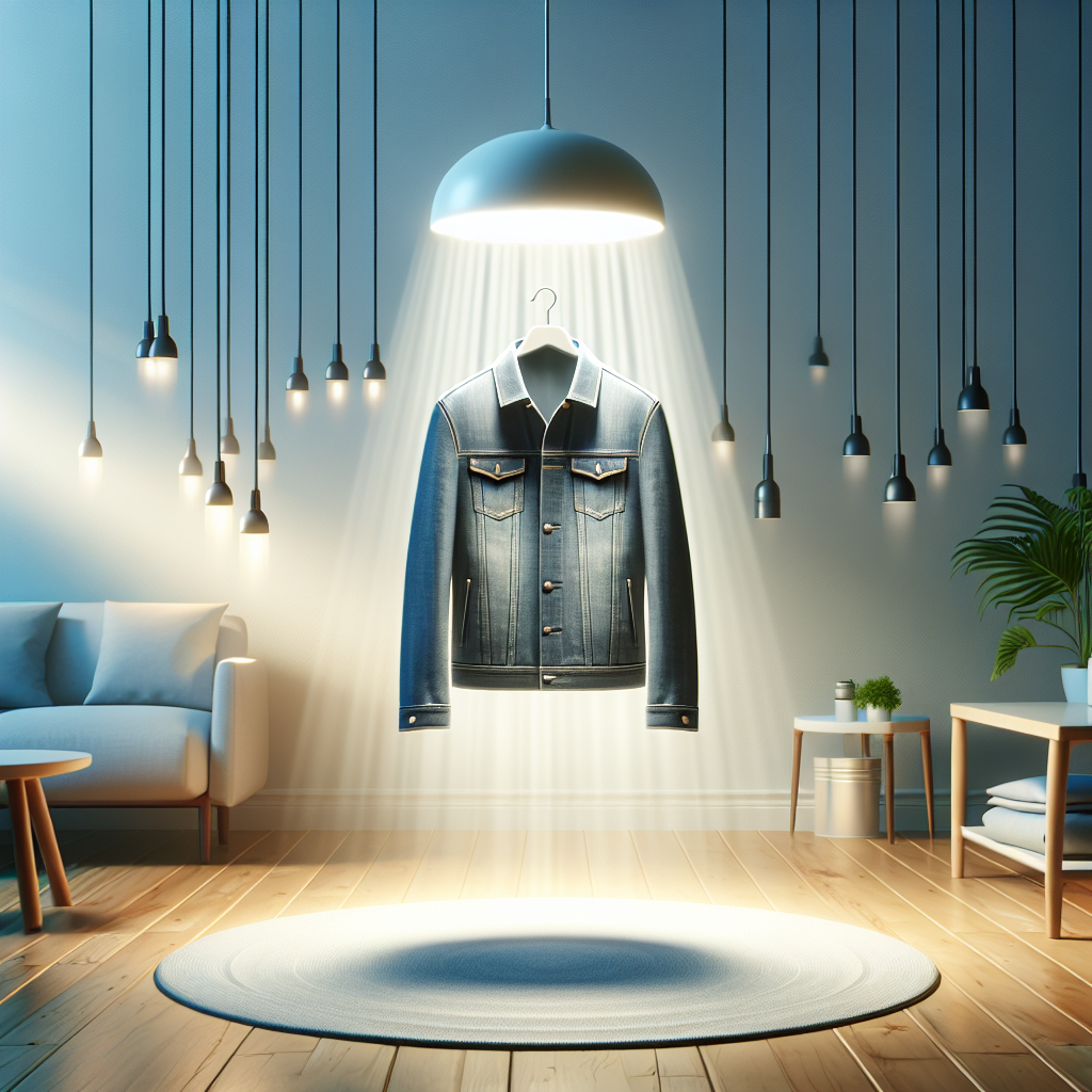 A stylish, clean jacket (e.g., a denim jacket or a light trench coat) hanging perfectly in a bright, minimalist home interior, exuding a sense of freshness and purity. Soft, natural light illuminates the scene, highlighting the jacket's revitalized appearance. The overall aesthetic is clean, inviting, and serene, suggesting effective odor removal.