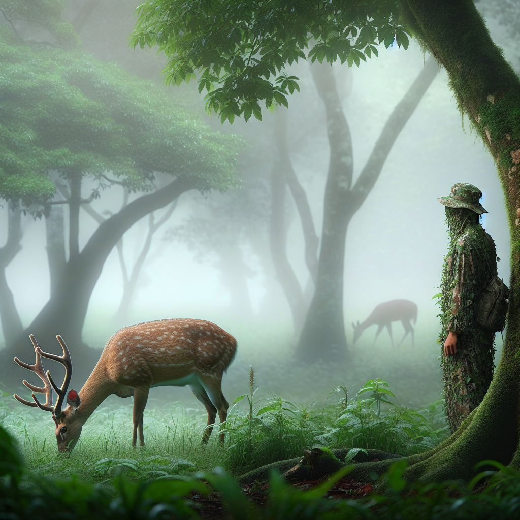 A hyperrealistic image of a hunter in full camouflage, standing perfectly still and almost transparent in a dense, misty forest at dawn. A majestic deer is grazing calmly just a few feet away, completely oblivious to the hunter's presence. The hunter blends seamlessly into the natural environment, emphasizing their 'invisibility' due to scent control. Serene, natural atmosphere.