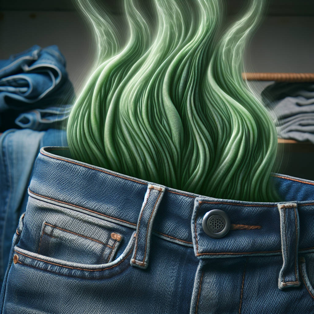 A close-up of a pair of well-worn denim jeans, with visible wavy green-grey odor lines rising from them, symbolizing a strong, unpleasant smell. The background is slightly blurred, hinting at a laundry setting. Realistic photography, slightly muted colors, focus on the texture of the denim.