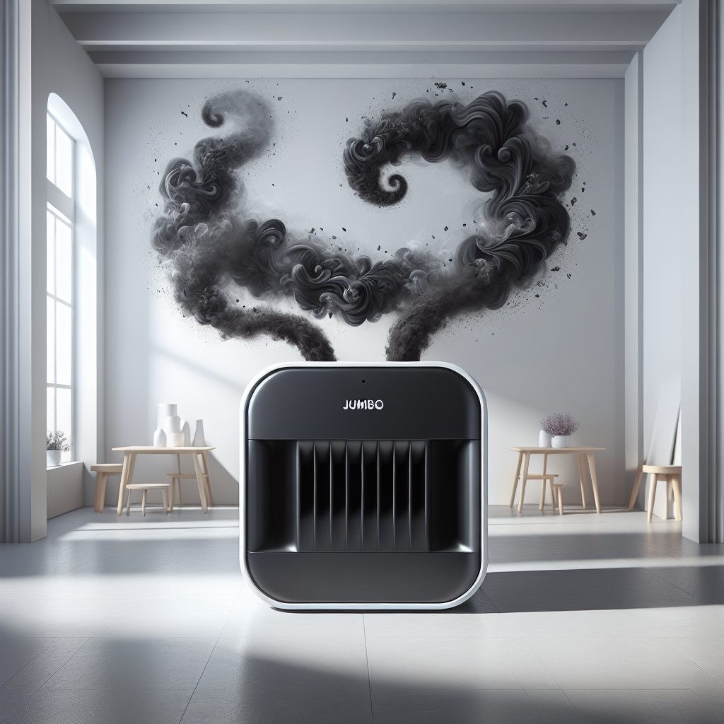 A powerful, sleek, and modern 'Jumbo' odor remover device standing centrally in a large, clean, minimalist room. Dark, swirling, smoke-like wisps representing strong odors are visibly being drawn into the device, transforming into clear, bright, fresh air that radiates outward, creating a palpable sense of purification and freshness. Professional product photography style, bright, natural lighting.