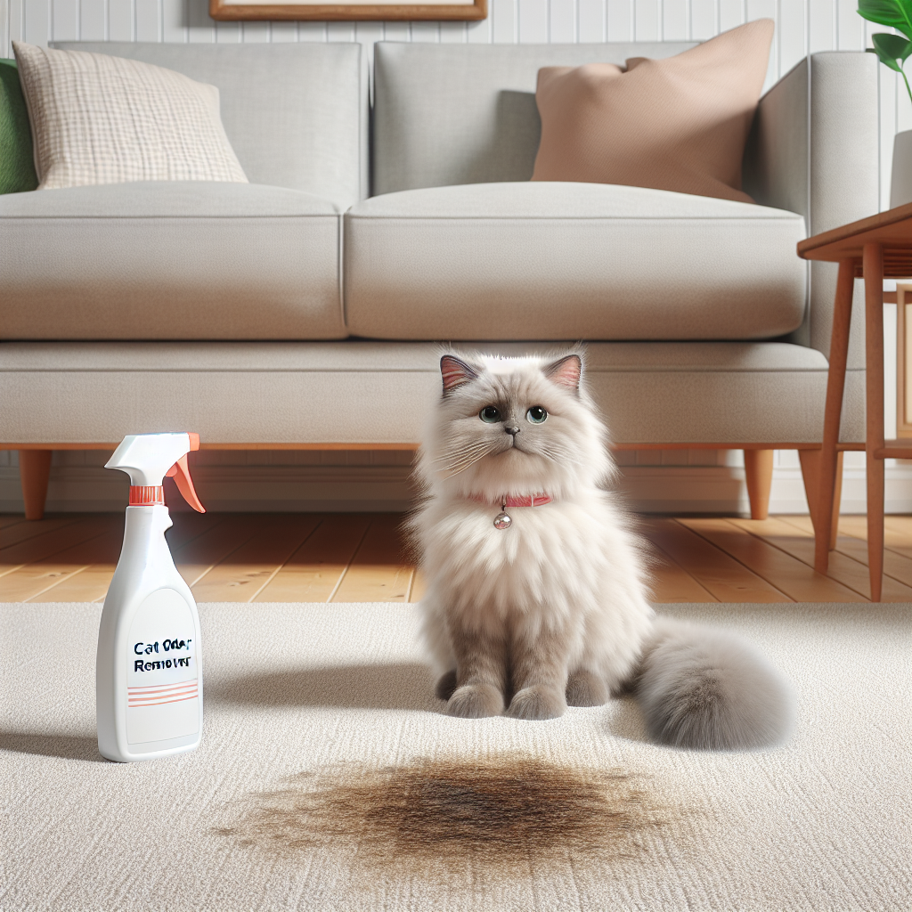Photorealistic image of a cozy living room. A cute, fluffy cat is sitting near a slightly discolored spot on a light-colored carpet, looking curious. Next to the spot, a generic spray bottle labeled 'Cat Odor Remover' is placed, suggesting a solution to unpleasant pet smells. The scene should convey a sense of a common household problem being addressed, with a clean and bright aesthetic.