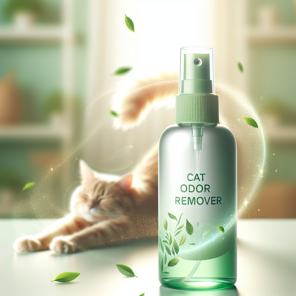 Bright, clean studio photograph of a sleek, generic bottle of 'Cat Odor Remover' spray. Subtle, fresh green leaves and tiny, clean air symbols are gently swirling around the bottle, indicating freshness and odor neutralization. In the soft-focus background, a happy, relaxed cat is stretching contentedly. Emphasize cleanliness, effectiveness, and a pleasant home environment.