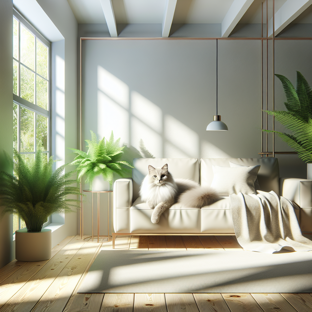 A peaceful, sunlit living room with a fluffy, content cat curled up on a pristine, light-colored sofa. The room feels exceptionally clean and fresh, with elegant, minimalist decor, some green houseplants, and soft light creating an inviting, odor-free atmosphere. The cat looks healthy and relaxed, embodying a harmonious home, ultra-realistic.