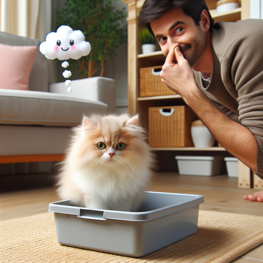 A fluffy, cute cat sits innocently next to a discreetly depicted litter box in a cozy, slightly cluttered living room. A faint, stylized 'odor cloud' symbol hovers subtly above the litter box, while a human hand in the background is lightly pinching its nose with a subtle, humorous expression of discomfort. The scene hints at an unpleasant smell without being graphic, in a warm, inviting, and slightly whimsical style.