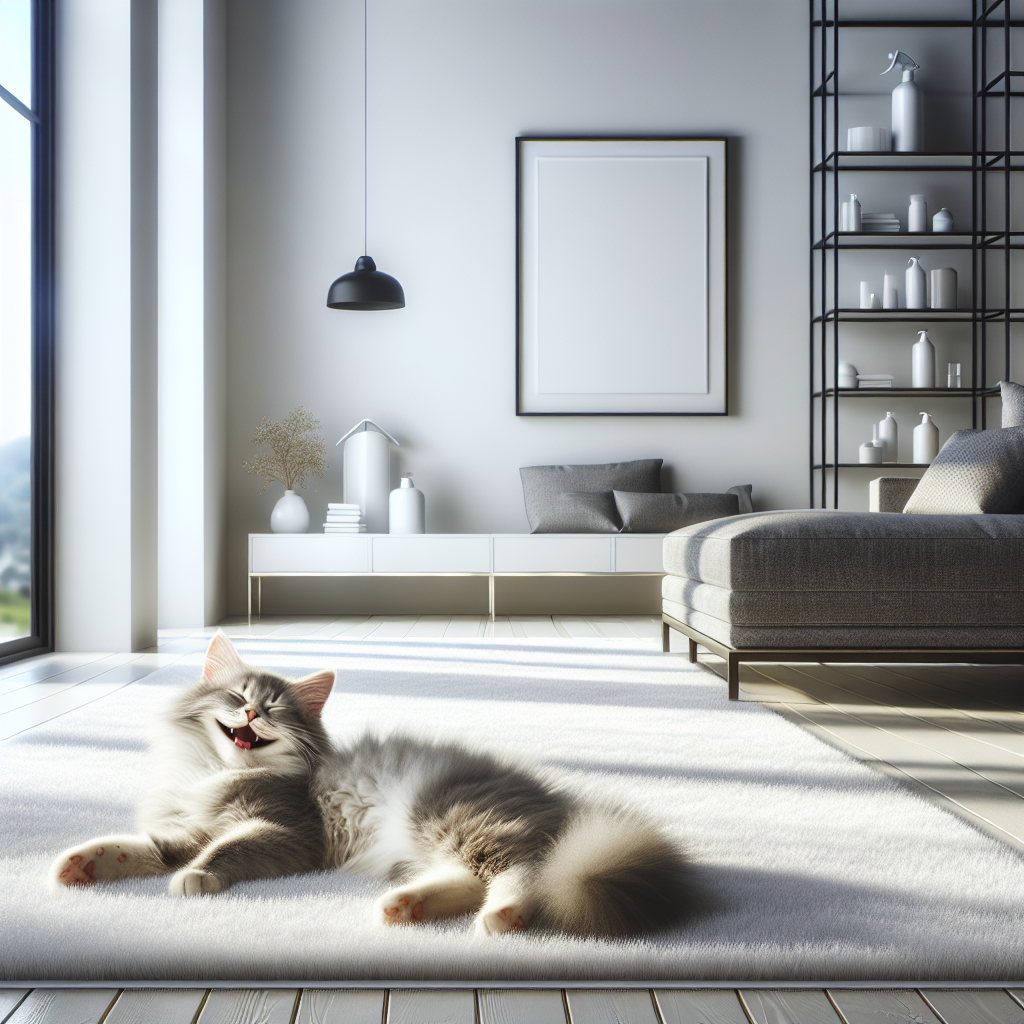 A bright, clean, and modern living room filled with natural light. A contented, relaxed cat is stretching happily on a fresh, spotless rug, surrounded by a sense of pristine cleanliness. In the background, on a sleek shelf or table, a generic, minimalist spray bottle labeled 'Odor Remover' is subtly visible. The overall mood is peaceful, fresh, and inviting, symbolizing an odor-free home and a happy pet.