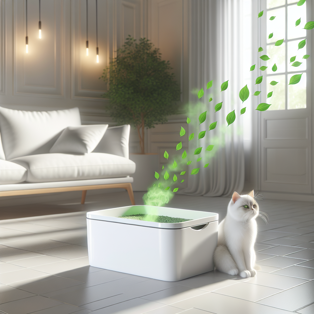 A clean, modern cat litter box subtly emitting fresh, green leaf-like wisps, symbolizing odor neutralization. A contented, well-groomed cat rests nearby in a bright, minimalist living room. The scene evokes a fresh, serene home atmosphere. Photorealistic, soft natural lighting.