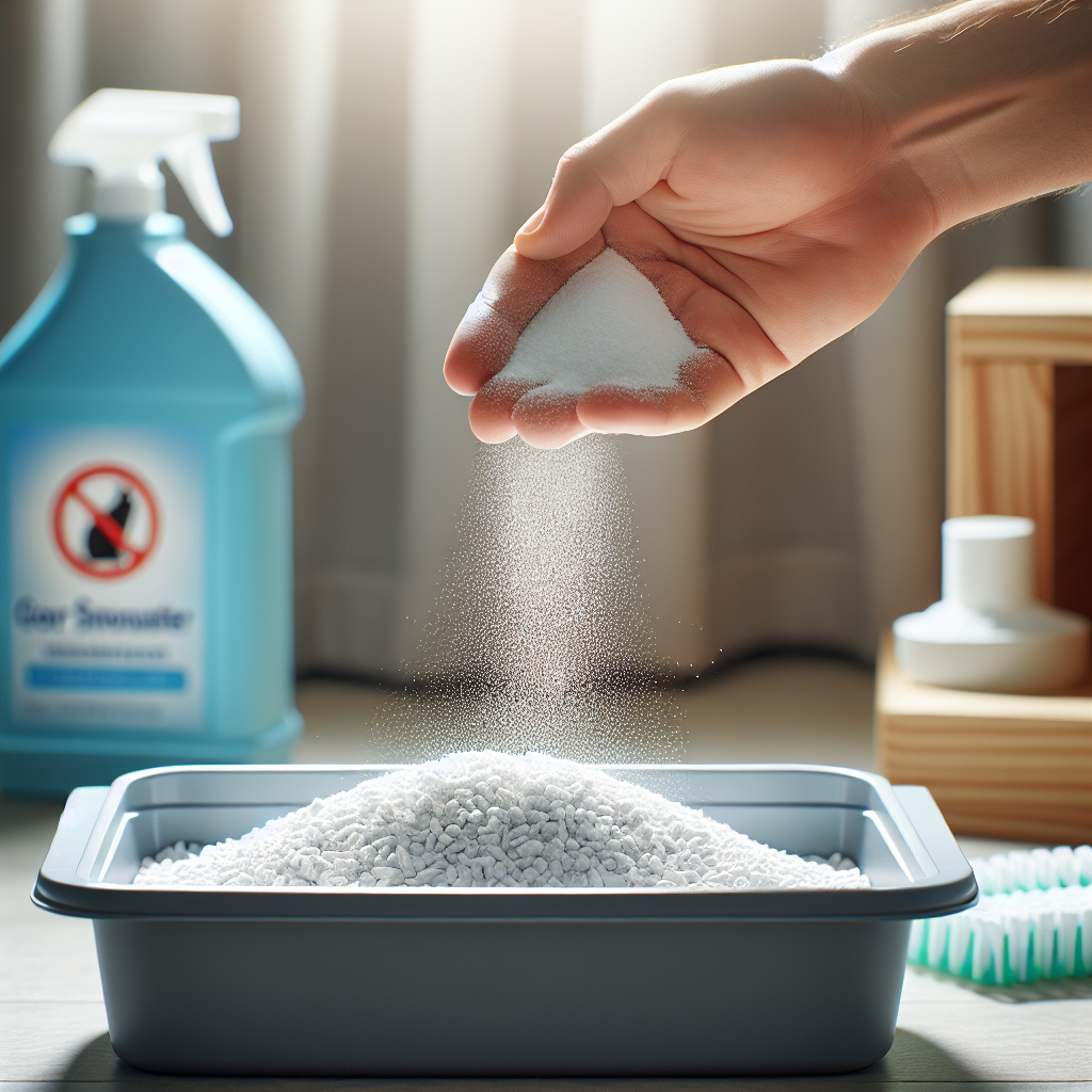 A close-up of a hand sprinkling a white odor-neutralizing powder onto fresh cat litter in a clean, modern litter box. In the softly blurred background, a few different odor remover products (spray bottle, baking soda box) are visible. The image emphasizes effective cleaning and product usage. Photorealistic, bright and clear.
