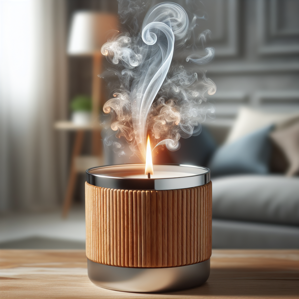 A close-up shot of an elegant odor eliminator candle burning, emitting a soft, warm glow. Around the candle, wisps of smoky, grey 'bad odors' are visibly being pulled into the flame and disappearing, replaced by subtle, clean, fresh air currents. The background is a softly blurred, modern home interior. Realistic, high-quality photography, emphasizing neutralization.