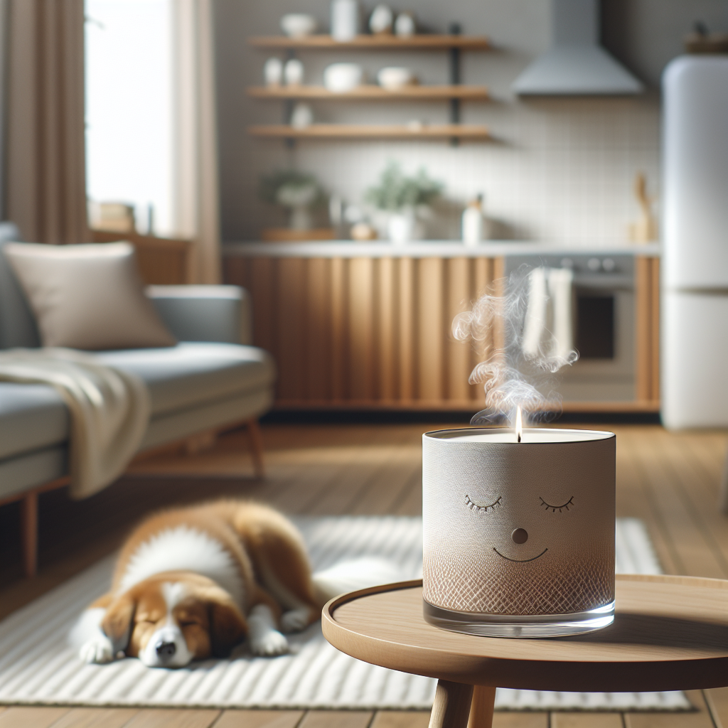 A beautifully designed odor eliminator candle, lit and gently smoking, placed on a minimalist wooden side table in a clean, bright living room. In the soft-focus background, a happy, well-groomed dog is sleeping peacefully on a rug, and a clean kitchen counter is subtly visible, hinting at a fresh, inviting atmosphere after cooking. High-end interior design photography, conveying freshness and style.