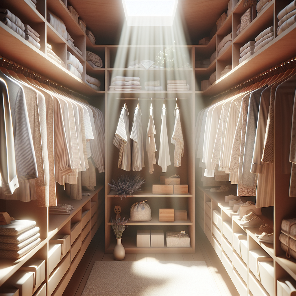 An immaculately clean and organized open wardrobe, filled with neatly folded and hung fresh clothes in soft, pleasing colors. Sunlight streams into the wardrobe, creating a bright and airy atmosphere. A small, elegant sachet of lavender or a cedar block is subtly visible among the clothes, hinting at natural freshness. High-quality photography, warm lighting.