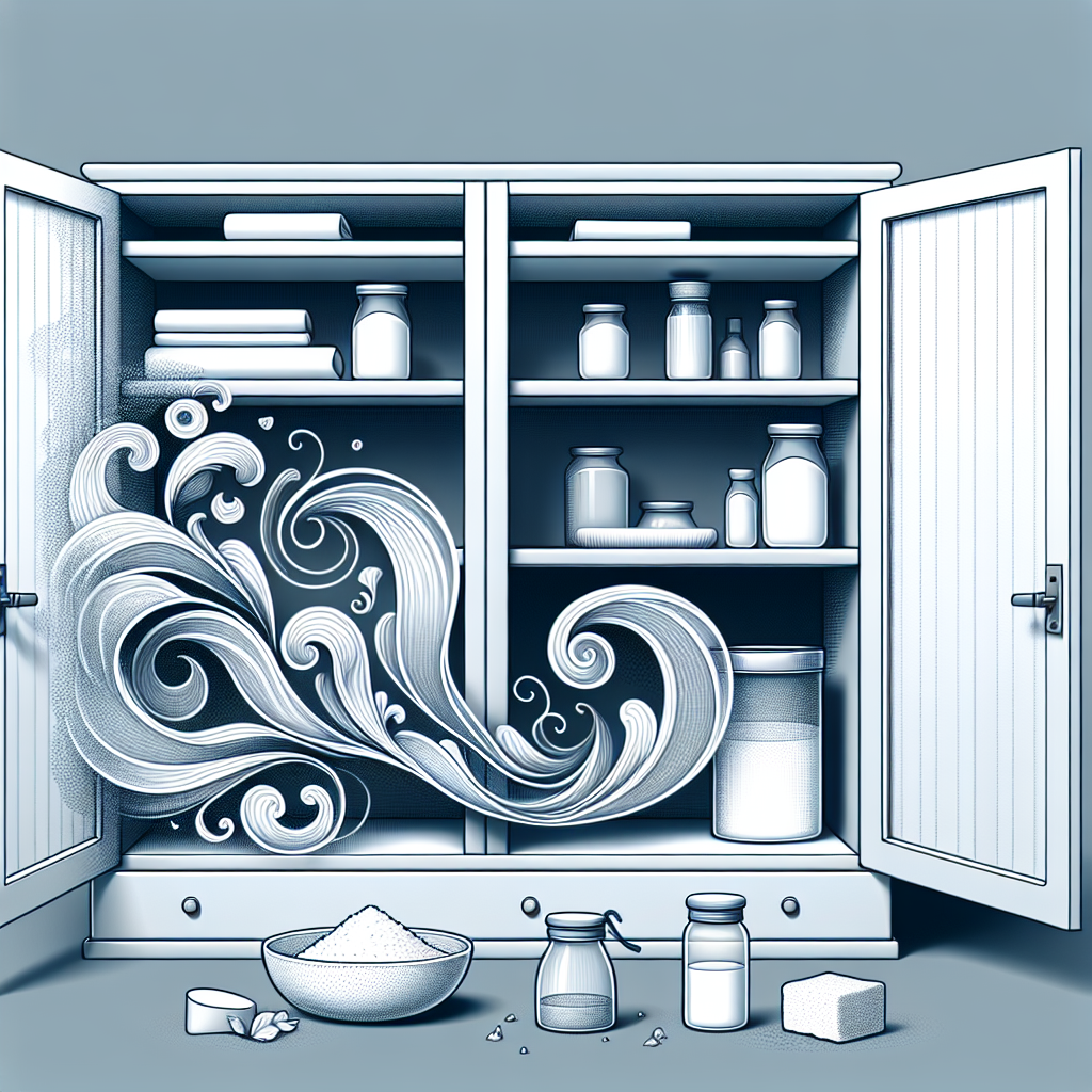 A minimalist, stylized depiction of an open wardrobe interior. A subtle, swirling cloud of unpleasant odor (represented by faint grey wisps) is visibly dissipating from one side, while fresh, clean air (represented by gentle white and light blue wisps) flows in from the other. Natural odor absorbers like a small dish of baking soda or activated charcoal are neatly placed on a shelf. Conceptual, clean lines, illustrative style.