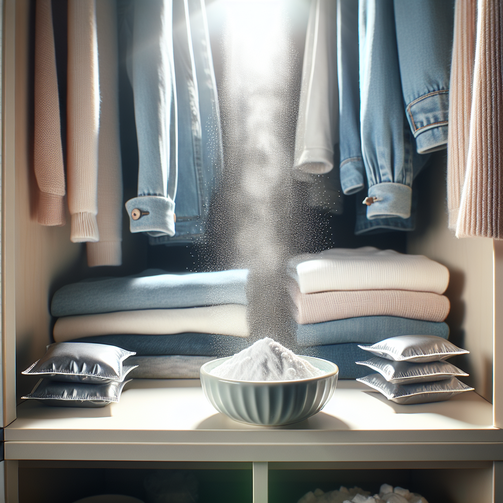 A beautifully organized, open wardrobe with clean, neatly folded clothes. In the foreground, subtle elements like a small bowl of baking soda or activated charcoal sachets are visible, emanating a soft, fresh glow that permeates the closet. The atmosphere is bright, airy, and inviting, symbolizing freshness and cleanliness. Photography style, soft lighting.