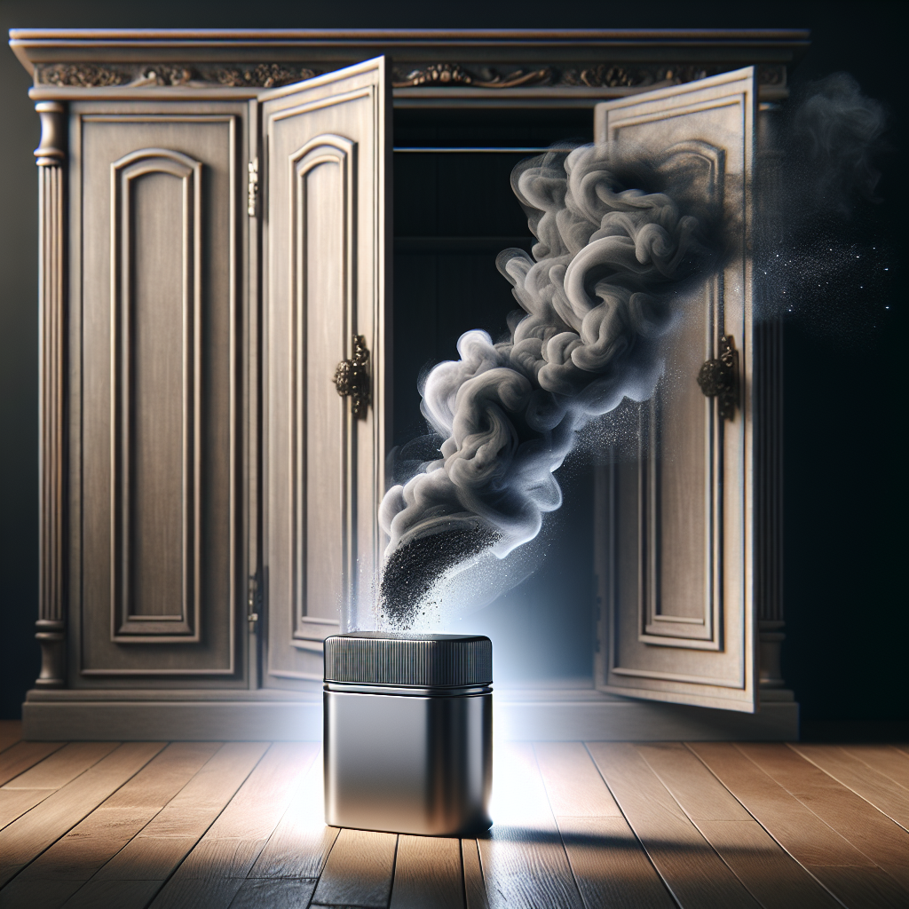 An elegant, slightly open wooden wardrobe, with a subtle, dark, wispy smoke or shadow conceptually representing unpleasant odors curling out. In the foreground, a small, sleek container of activated charcoal or a modern odor neutralizer product is subtly shown, with light emanating from it, visually 'absorbing' or 'dissipating' the dark odor wisps into a clean, clear atmosphere. The overall mood is sophisticated and clean. Photorealistic.
