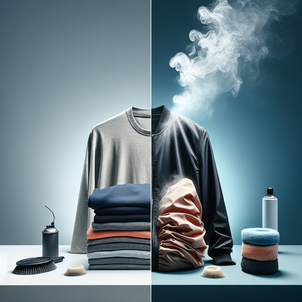 A modern, clean visual representation of 'odor removal for clothing'. On one side, a subtly distressed pile of clothes (e.g., gym shirt, smoky jacket) with faint, almost invisible 'bad odor' wisps. On the other side, the same type of clothes, now vibrant, fresh, and perfectly clean, perhaps with subtle 'freshness' radiating. Minimalist background, bright studio lighting, high resolution photography.